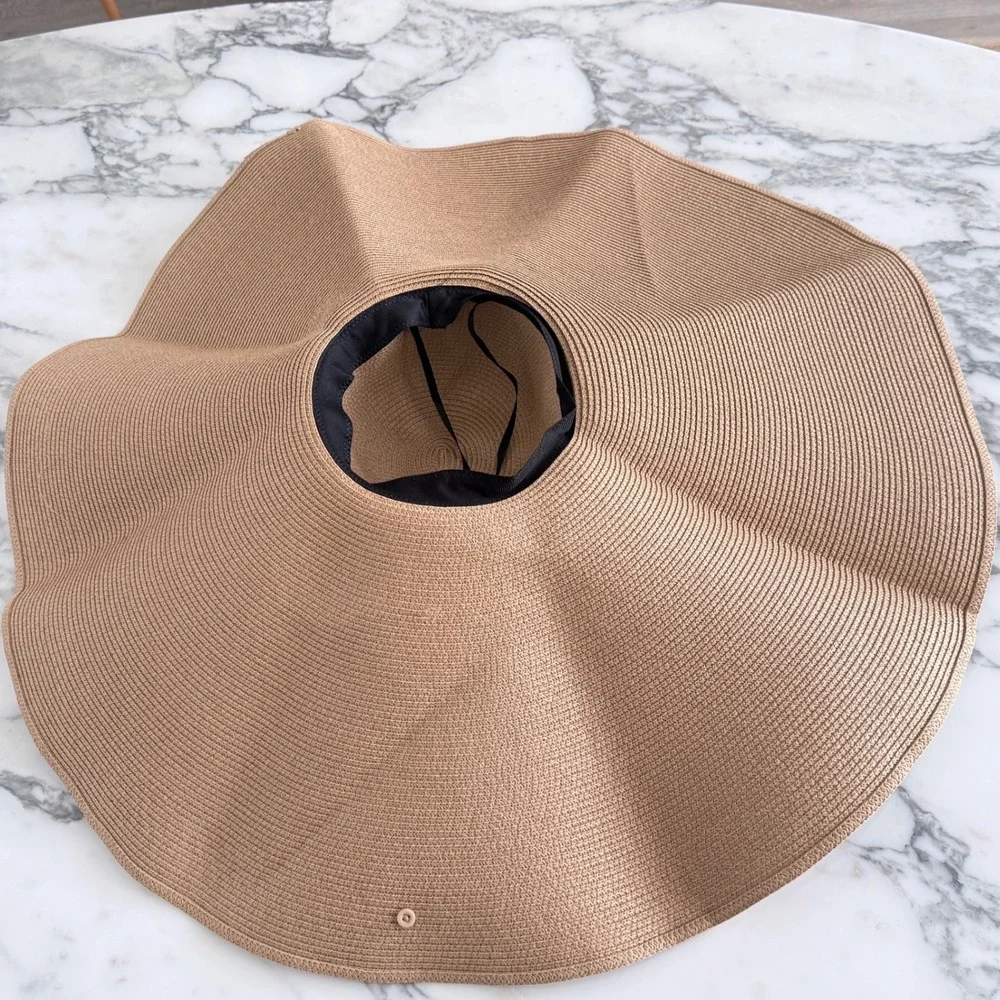 Oversized Wide Brim Floppy Sun Hat Tan Woven Straw Beach Resort Glamour